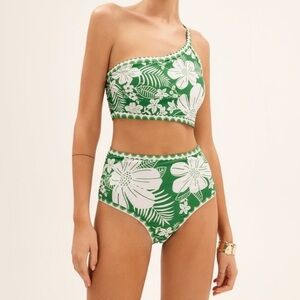 Commense Green and White Floral High-Waist Bikini Bottoms and one shoulder top.